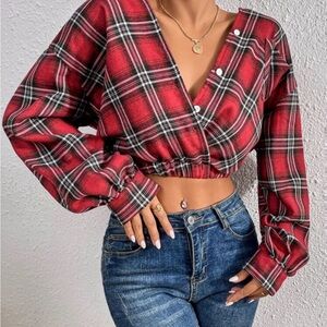 Sexy Plaid Cropped Button Down Long Sleeve Top Size Small